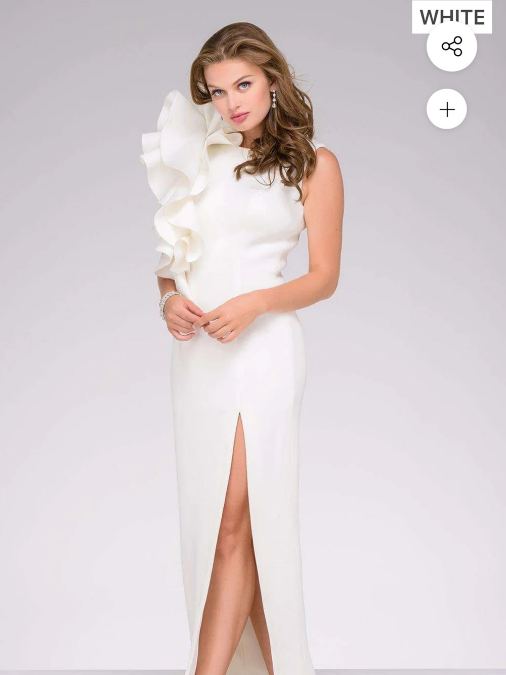 Jovani White One-Shoulder Gown with Dramatic Ruffle and Front Slit